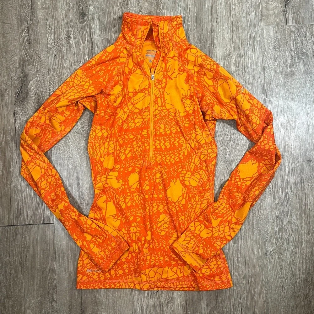 Nike Pro Women's Half Zip Size XS Orange Fleece Running Dri-Fit Thumb Holes